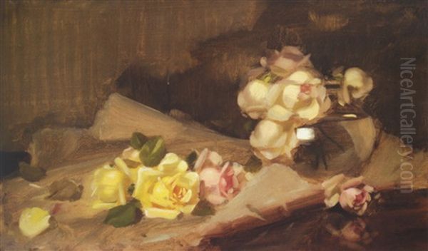 Yellow, Pink And White Roses Oil Painting by Stuart James Park