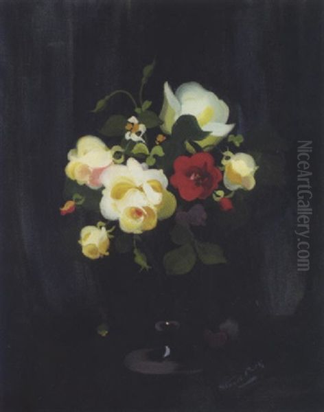 Still Life Of Roses In A Glass Vase Oil Painting by Stuart James Park