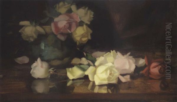 Still-life Of Roses In A Blue Vase Oil Painting by Stuart James Park