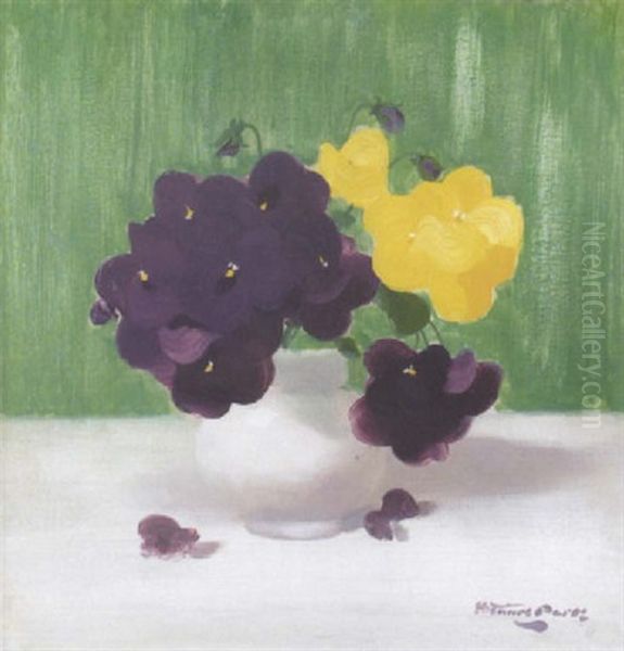 Still Life Of Purple And Yellow Pansies Oil Painting by Stuart James Park