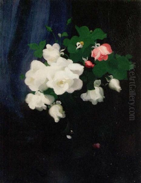 White And Pink Roses In A Vase Oil Painting by Stuart James Park