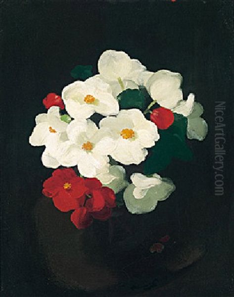 Red And White Christmas Roses Oil Painting by Stuart James Park