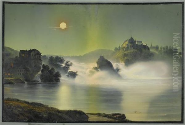 Schaffhausen Falls By Night Oil Painting by Ludwig Bleuler