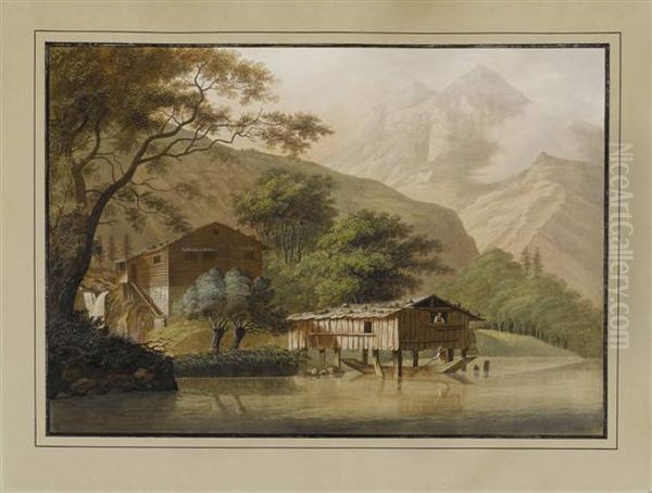 Fishing Huts At Lake Brienz Oil Painting by Ludwig Bleuler