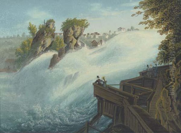 Figures Observing A Waterfall, Thought To Be At Schaffhausen On The Rhine Oil Painting by Johann Heinrich (II) Bleuler: