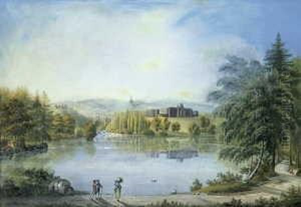 Blick Auf Schloss Wilhelmshohe Bei Kassel. Im Hintergrund Der Herkules. Oil Painting by Johann Heinrich (II) Bleuler: