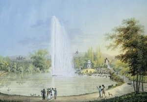 Die Grosse Fontane Im Schlosspark Wilhelmshohe Bei Kassel. Im Hintergrund Die Lowenburg Und Der Herkules. Oil Painting by Johann Heinrich (II) Bleuler: