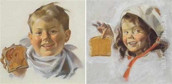 Boy Holding Up Peanut Butter Sandwich (+ Another; Pair Of Illus. For Beech-nut Peanut Butter) Oil Painting by Cushman Parker