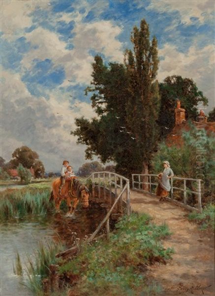 Figures By A Country Bridge Oil Painting by Henry H. Parker