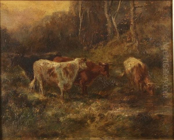 Cows At Woodland Strea Oil Painting by Henry H. Parker