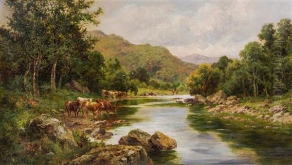 Mountain Stream With Cattle And Two Figures Fishing Oil Painting by Henry H. Parker