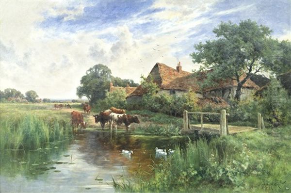 Cattle Watering Beside A Farm Oil Painting by Henry H. Parker