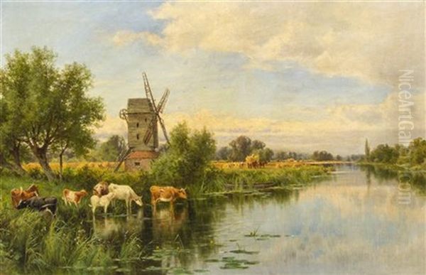 Windmill And Cattle Oil Painting by Henry H. Parker