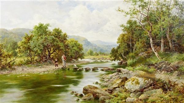 The Stepping Stones Near Bettws Y Coed N. Wales Oil Painting by Henry H. Parker