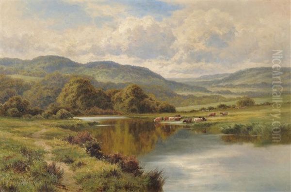 River Landscape With Cattle Watering Oil Painting by Henry H. Parker