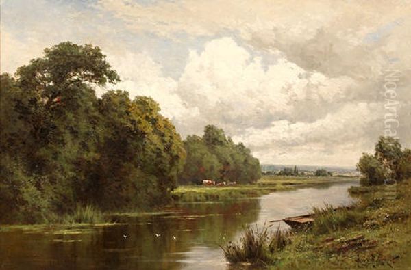 Cattle In A Meadow Beside The Thames Oil Painting by Henry H. Parker