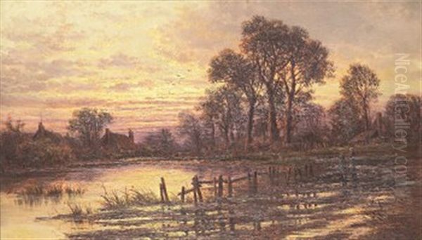 Hostlikt Landskap I Solnedgang Oil Painting by Henry H. Parker