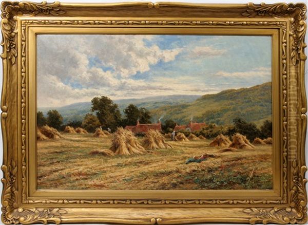 Landscape With Haystacks Oil Painting by Henry H. Parker