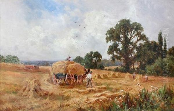 Harvest Scene With Men Loading Cornstooks On A Wagon Oil Painting by Henry H. Parker