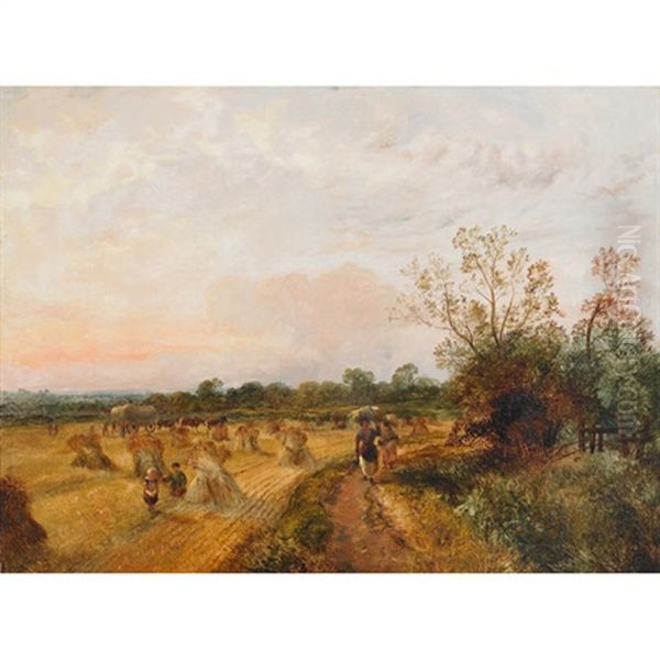 Women And Children In A Hayfield Oil Painting by Henry H. Parker