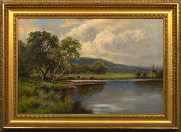 River Landscape With Cattle Watering Oil Painting by Henry H. Parker