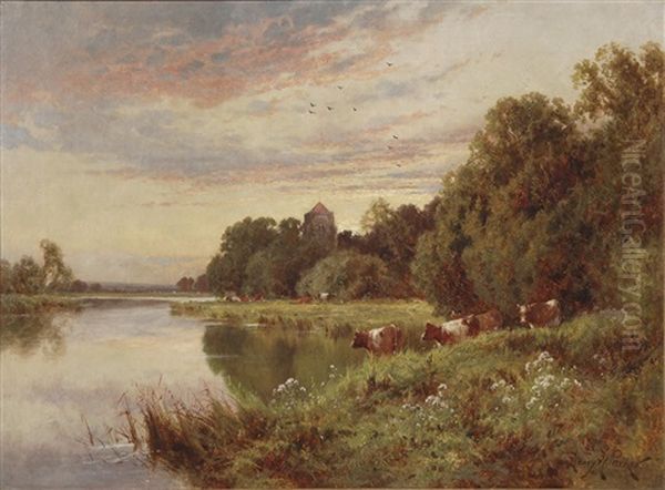 Cows Watering At Sunset Oil Painting by Henry H. Parker