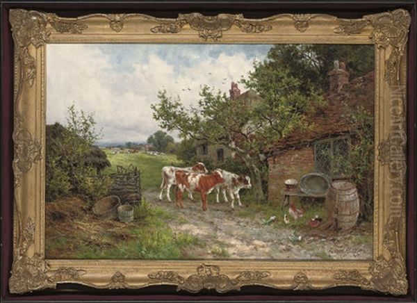 A Farmyard Discussion Oil Painting by Henry H. Parker