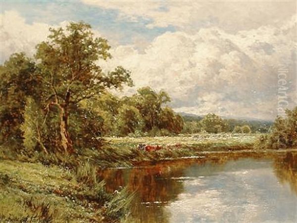 Cattle Feeding Beside A River Oil Painting by Henry H. Parker