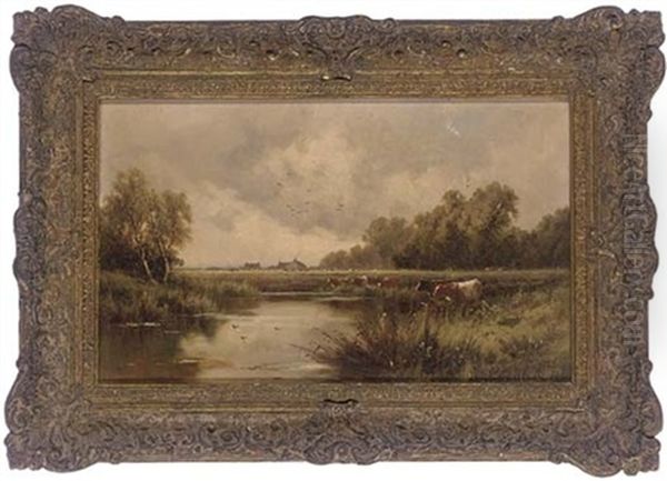 Cattle Watering In A River Landscape Oil Painting by Henry H. Parker