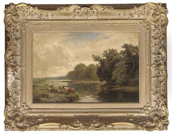 Cattle Watering On The Thames, Near Goring, Surrey Oil Painting by Henry H. Parker