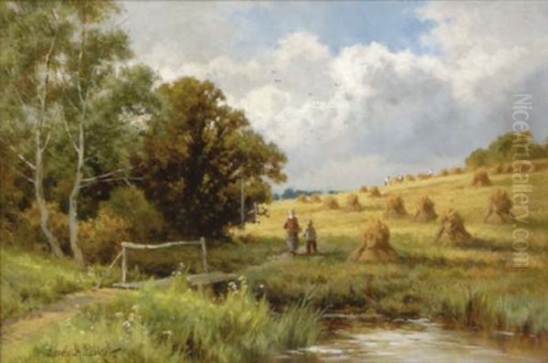 A Summer Landscape With Figures In A Hay Field Oil Painting by Henry H. Parker