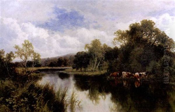 Cattle By A Lakeside Oil Painting by Henry H. Parker