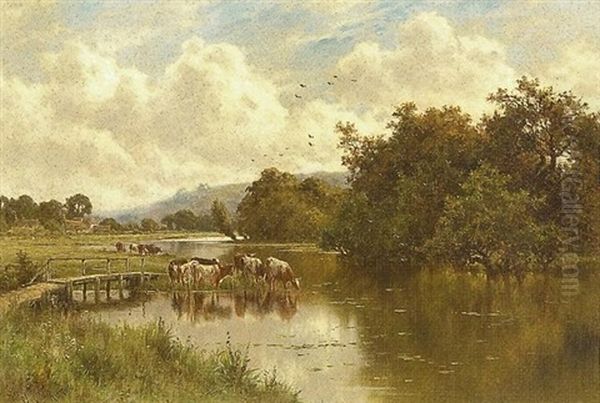 Pangbourne, Berkshire - Cattle Watering By A Footbridge Oil Painting by Henry H. Parker