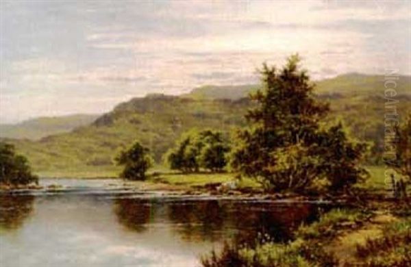 Cattle Watering On A Riverbank Oil Painting by Henry H. Parker