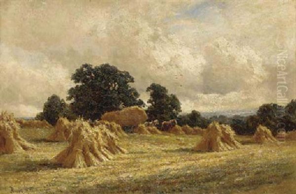 Haystacks In A Summer Landscape Oil Painting by Henry H. Parker