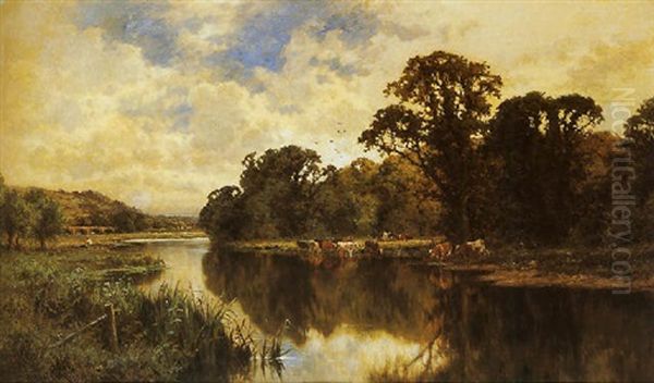 Cattle Watering On A Riverbank Oil Painting by Henry H. Parker