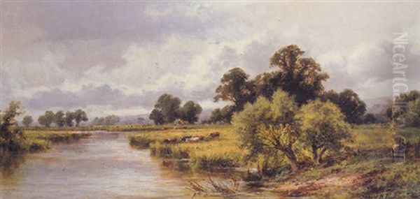 Cattle Grazing On The River Thames Near Streatley, Berkshire Oil Painting by Henry H. Parker