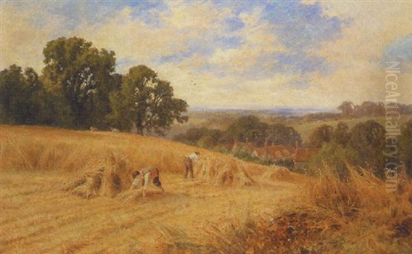 A Harvesting Scene With An Extensive Landscape Beyond Oil Painting by Henry H. Parker