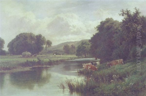 Haymaking By A River Oil Painting by Henry H. Parker