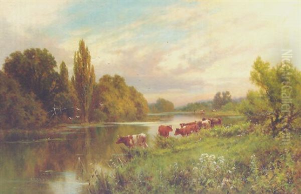 Cattle Watering By A Tranquil River Oil Painting by Henry H. Parker