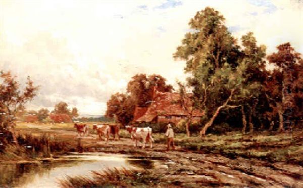 A Drover With Cattle On A Track, Farmham, Kent Oil Painting by Henry H. Parker