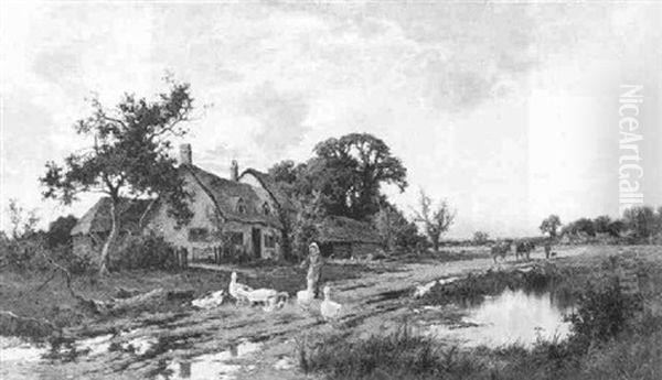 Farm Landscape With Figures And Ducks Oil Painting by Henry H. Parker