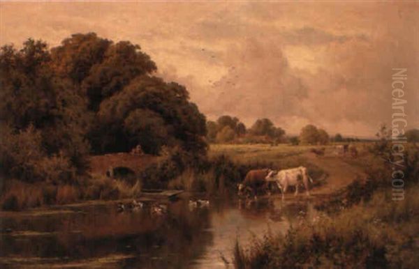 Cattle Watering By A Tranquil River Oil Painting by Henry H. Parker