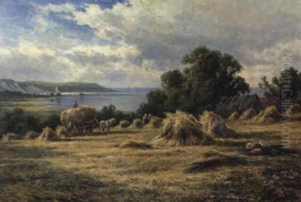 Harvesting On The Sussex Downs, Near Eastbourne Oil Painting by Henry H. Parker