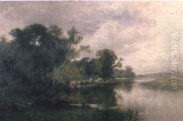 Landscape With Cows And River Oil Painting by Henry H. Parker