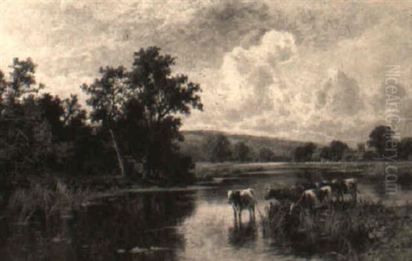 Cows Wading By A River Oil Painting by Henry H. Parker