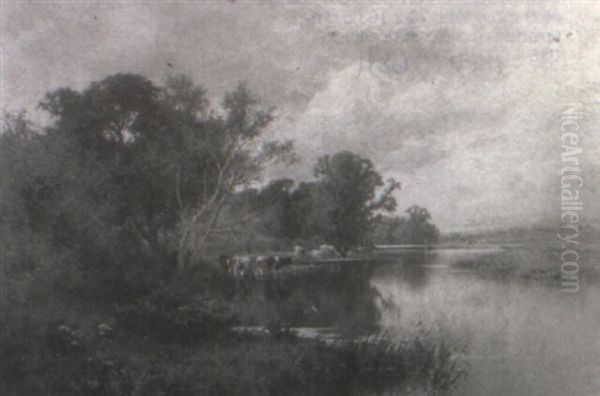 Landscape With Cows And River Oil Painting by Henry H. Parker