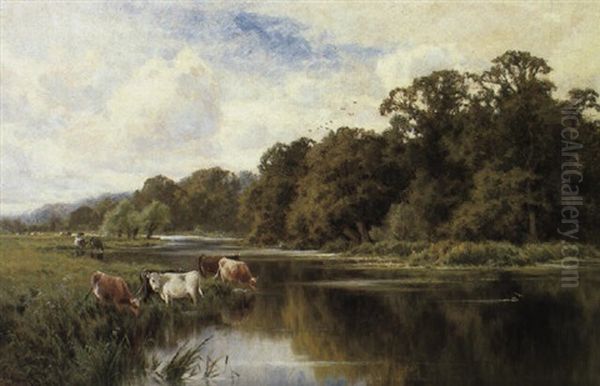 Cattle Watering On A Riverbank Oil Painting by Henry H. Parker