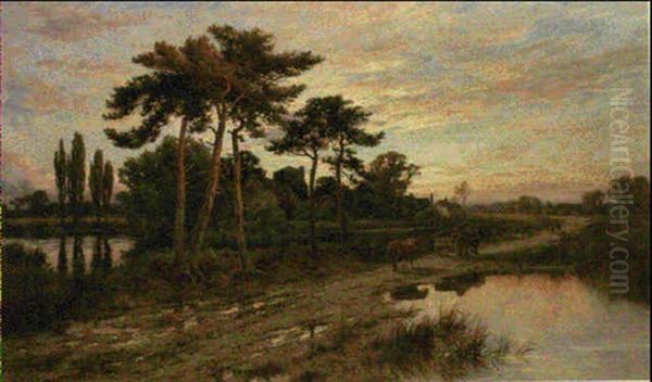 Figures And Cart Horses By A Stream At Dusk, Abinger,       Surrey Oil Painting by Henry H. Parker