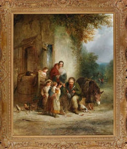 A Scene Outside A Rural Cottage With A Mother And Children Watching An Itinerant Peddler Repair A Watering Can Oil Painting by Henry Perlee Parker